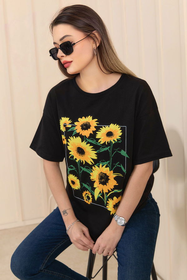 Düz Bisiklet Yaka Kadın Siyah T-Shirt - 22250 SİYAH