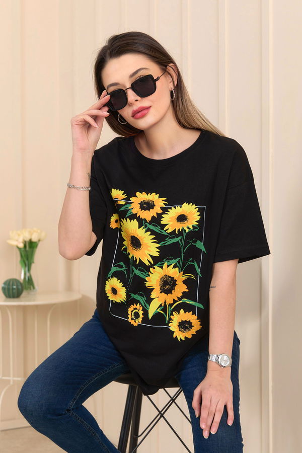 Düz Bisiklet Yaka Kadın Siyah T-Shirt - 22250 SİYAH