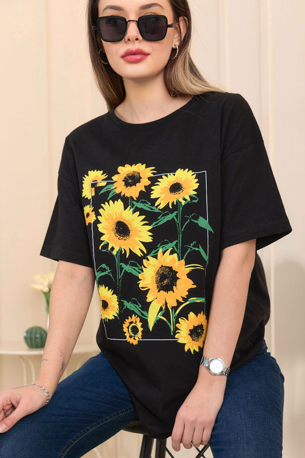 Düz Bisiklet Yaka Kadın Siyah T-Shirt - 22250 SİYAH