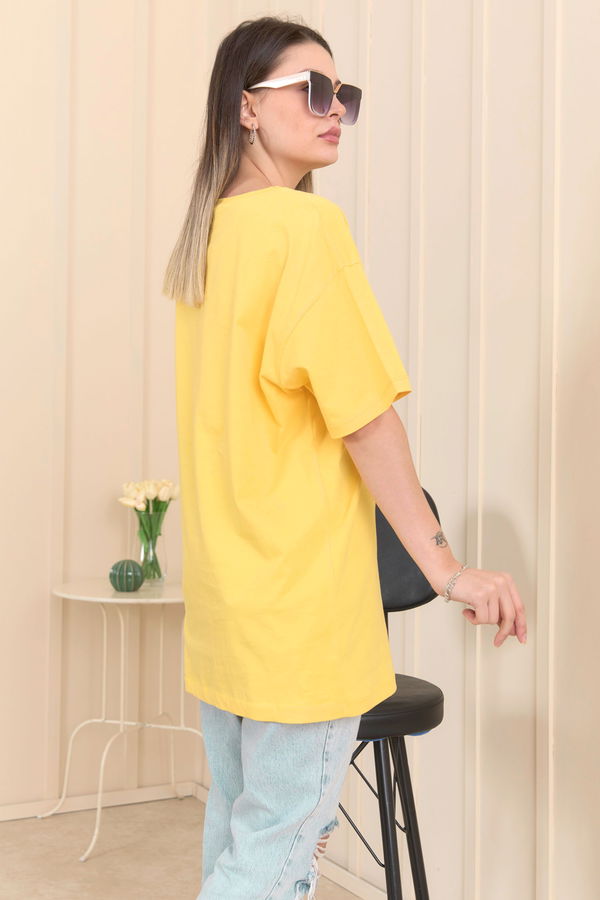 Düz Bisiklet Yaka Kadın Sarı T-Shirt - 22253