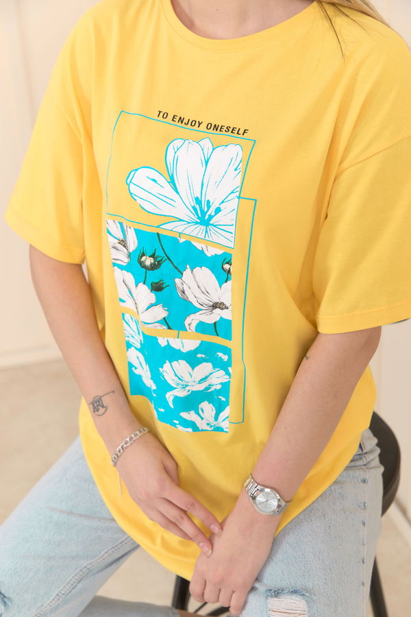 Düz Bisiklet Yaka Kadın Sarı T-Shirt - 22253