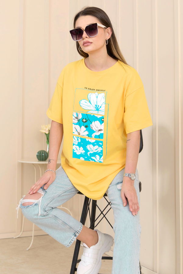 Düz Bisiklet Yaka Kadın Sarı T-Shirt - 22253