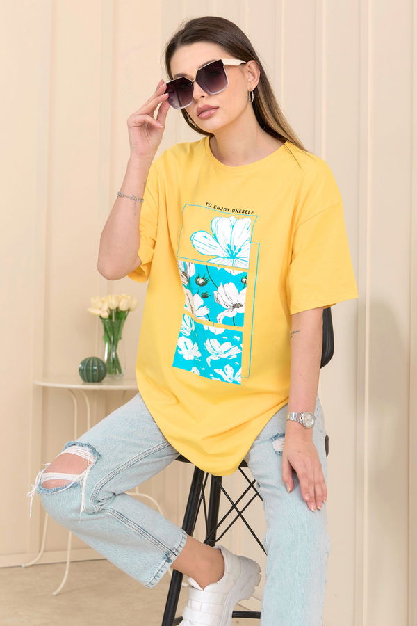 Düz Bisiklet Yaka Kadın Sarı T-Shirt - 22253