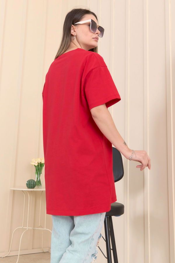 Düz Bisiklet Yaka Kadın Kırmızı T-Shirt - 22253
