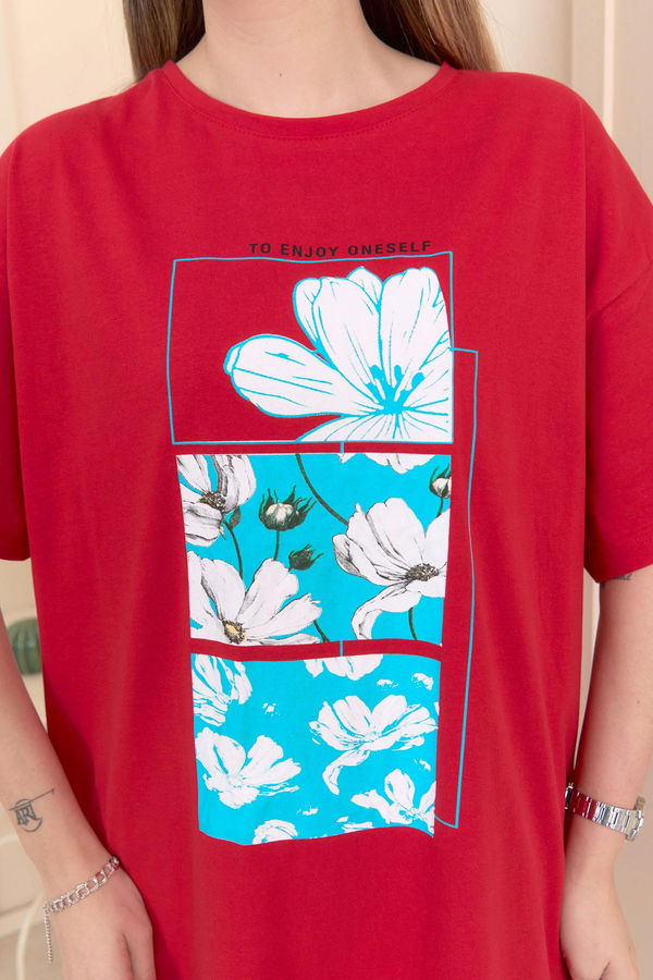 Düz Bisiklet Yaka Kadın Kırmızı T-Shirt - 22253
