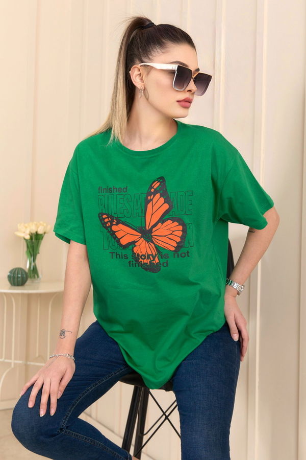 Düz Bisiklet Yaka Kadın Yeşil T-Shirt - 22251