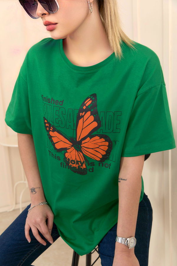 Düz Bisiklet Yaka Kadın Yeşil T-Shirt - 22251