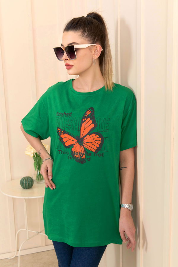 Düz Bisiklet Yaka Kadın Yeşil T-Shirt - 22251
