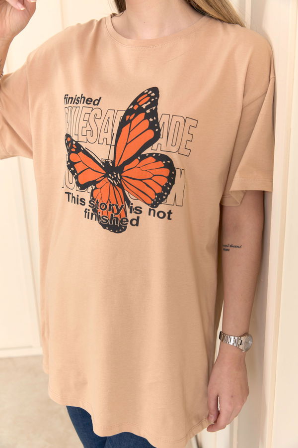 Düz Bisiklet Yaka Kadın Vizon T-Shirt - 22251