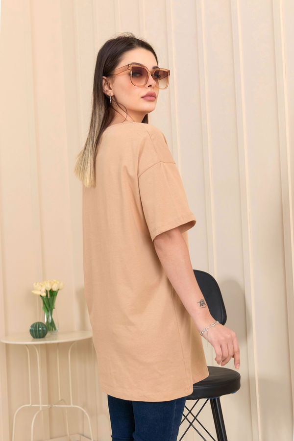 Düz Bisiklet Yaka Kadın Vizon T-Shirt - 22251