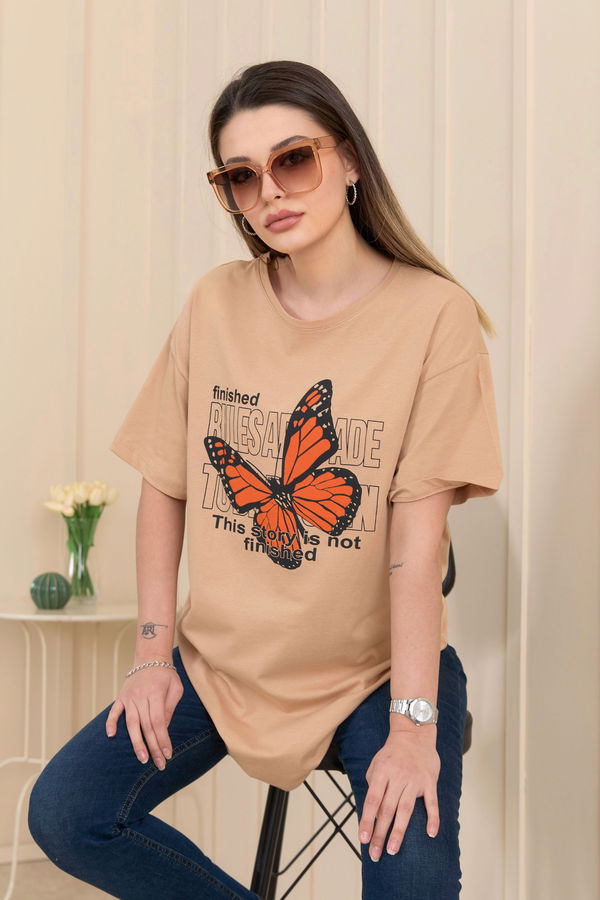 Düz Bisiklet Yaka Kadın Vizon T-Shirt - 22251