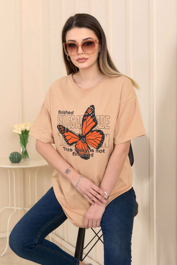 Düz Bisiklet Yaka Kadın Vizon T-Shirt - 22251