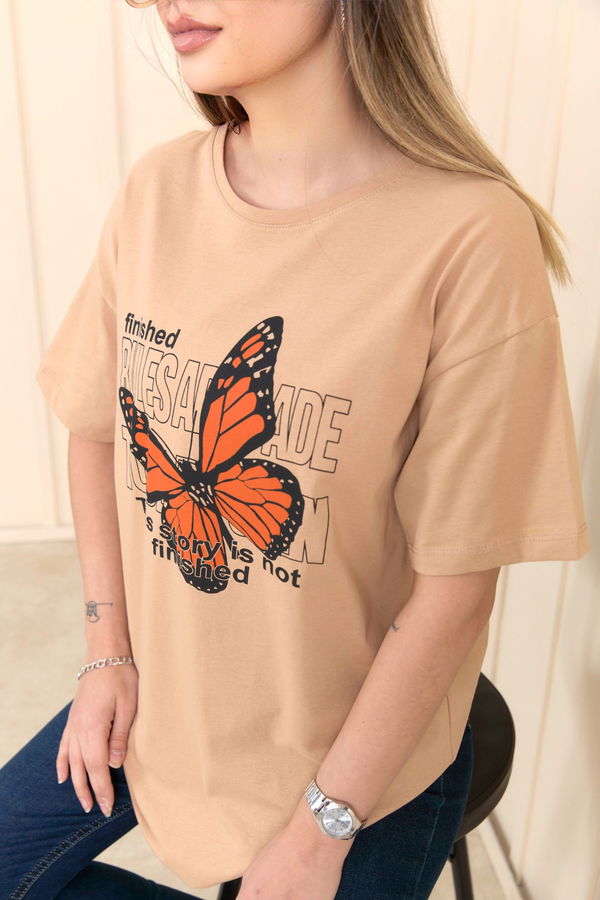 Düz Bisiklet Yaka Kadın Vizon T-Shirt - 22251