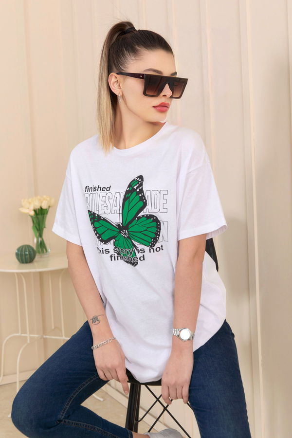 Düz Bisiklet Yaka Kadın Beyaz T-Shirt - 22251