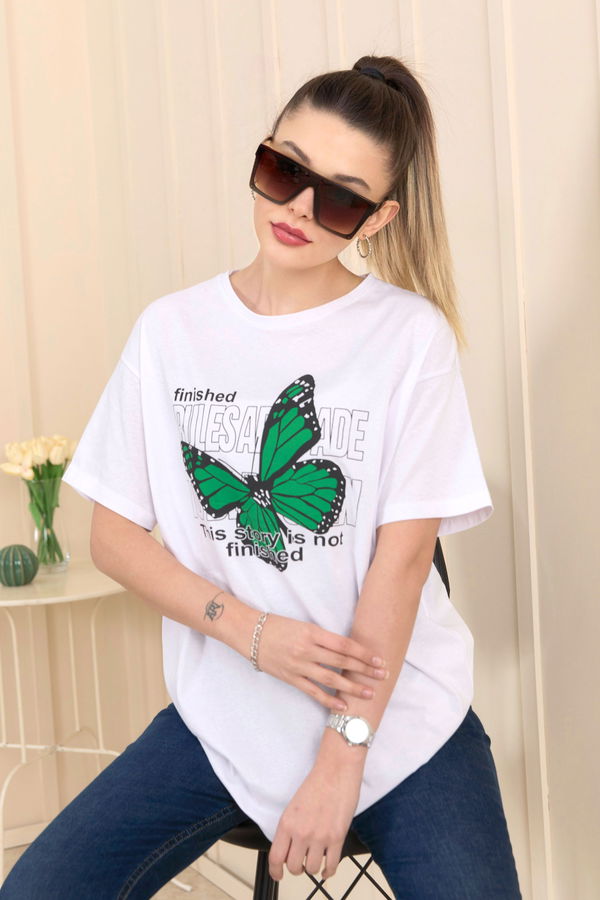 Düz Bisiklet Yaka Kadın Beyaz T-Shirt - 22251