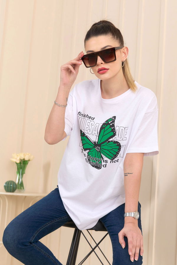 Düz Bisiklet Yaka Kadın Beyaz T-Shirt - 22251