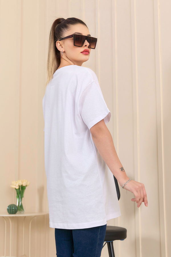 Düz Bisiklet Yaka Kadın Beyaz T-Shirt - 22251