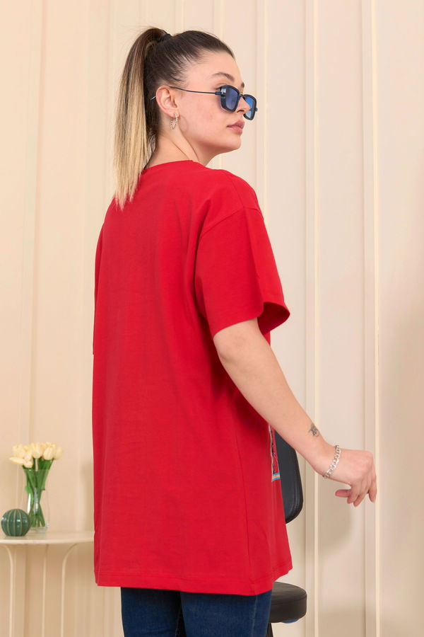 Düz Bisiklet Yaka Kadın Kırmızı T-Shirt - 22252