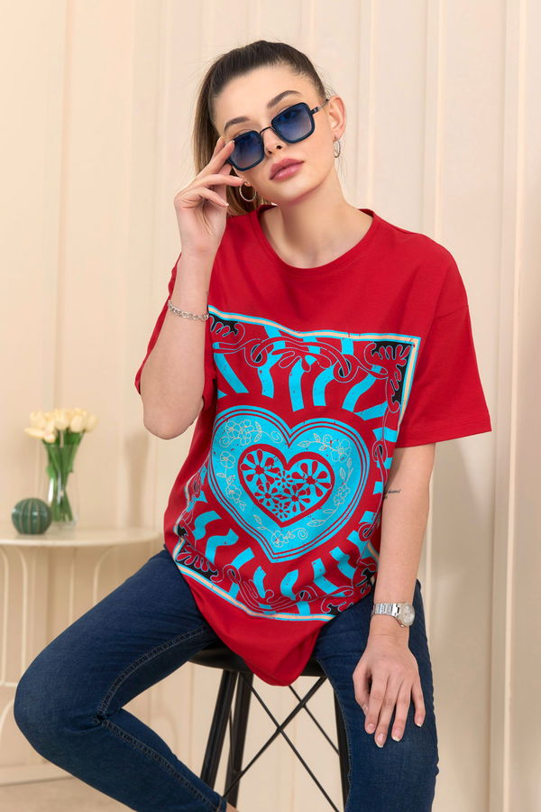 Düz Bisiklet Yaka Kadın Kırmızı T-Shirt - 22252