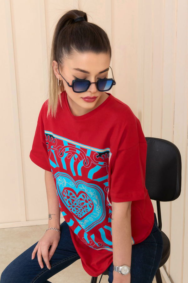Düz Bisiklet Yaka Kadın Kırmızı T-Shirt - 22252