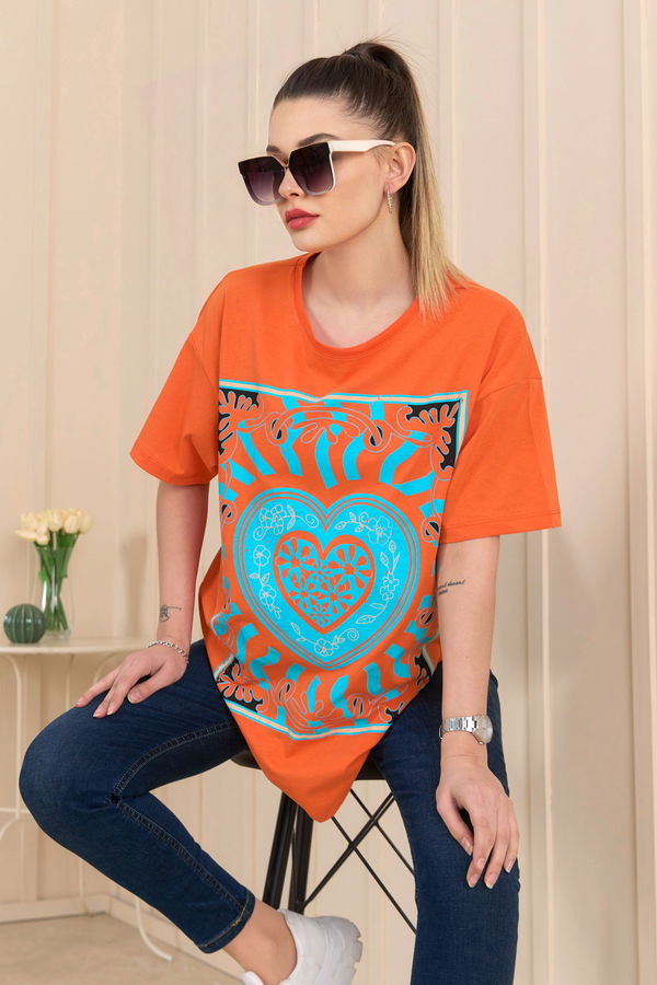 Düz Bisiklet Yaka Kadın Turuncu T-Shirt - 22252