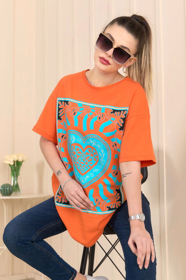 Düz Bisiklet Yaka Kadın Turuncu T-Shirt - 22252