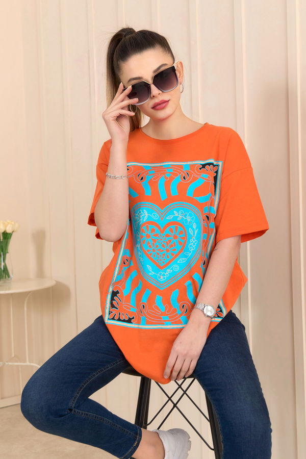 Düz Bisiklet Yaka Kadın Turuncu T-Shirt - 22252