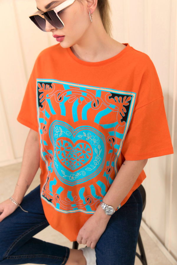 Düz Bisiklet Yaka Kadın Turuncu T-Shirt - 22252