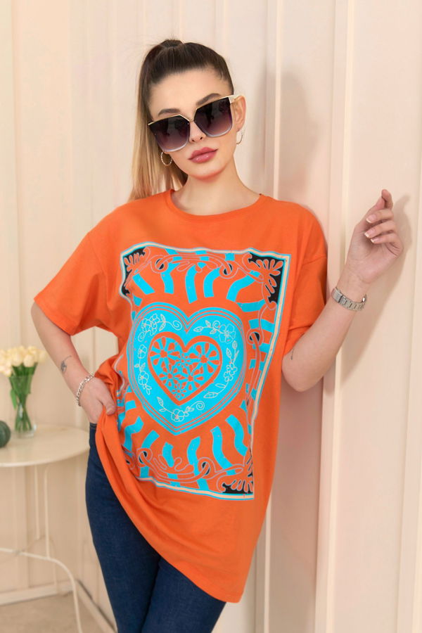 Düz Bisiklet Yaka Kadın Turuncu T-Shirt - 22252