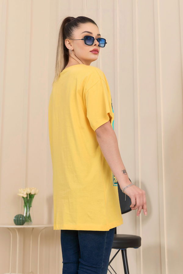 Düz Bisiklet Yaka Kadın Sarı T-Shirt - 22252