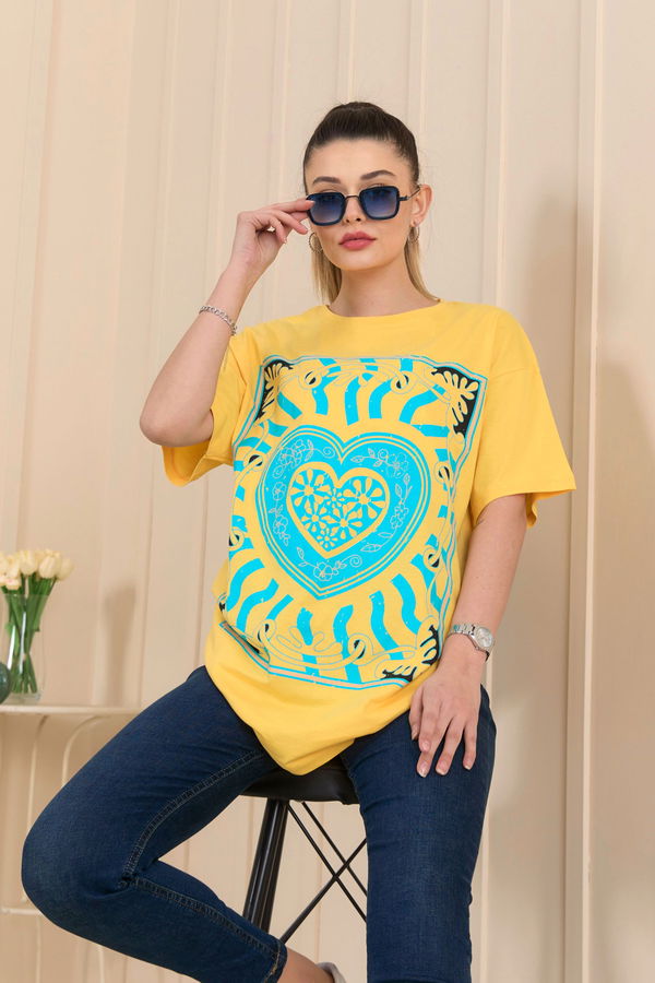 Düz Bisiklet Yaka Kadın Sarı T-Shirt - 22252