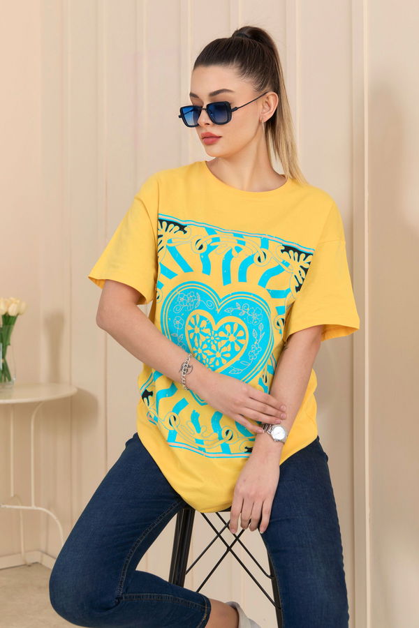 Düz Bisiklet Yaka Kadın Sarı T-Shirt - 22252
