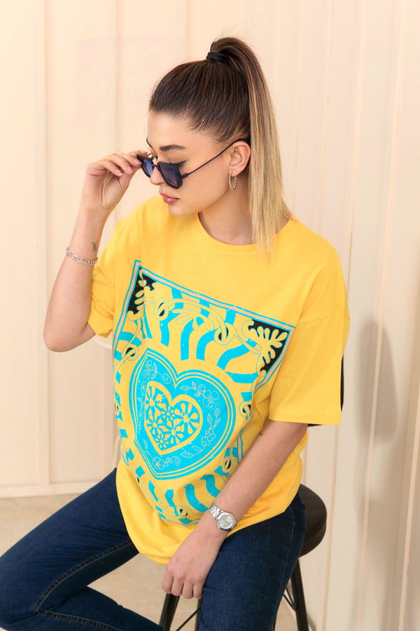 Düz Bisiklet Yaka Kadın Sarı T-Shirt - 22252