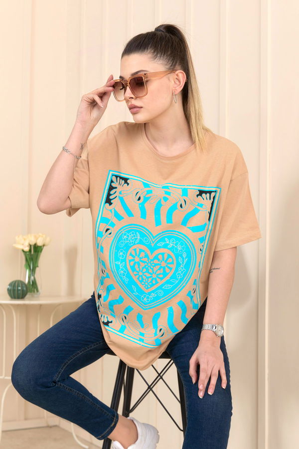 Düz Bisiklet Yaka Kadın Vizon T-Shirt - 22252