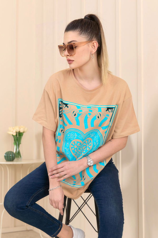 Düz Bisiklet Yaka Kadın Vizon T-Shirt - 22252