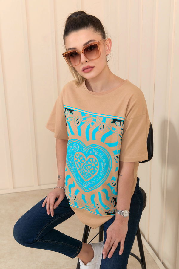 Düz Bisiklet Yaka Kadın Vizon T-Shirt - 22252