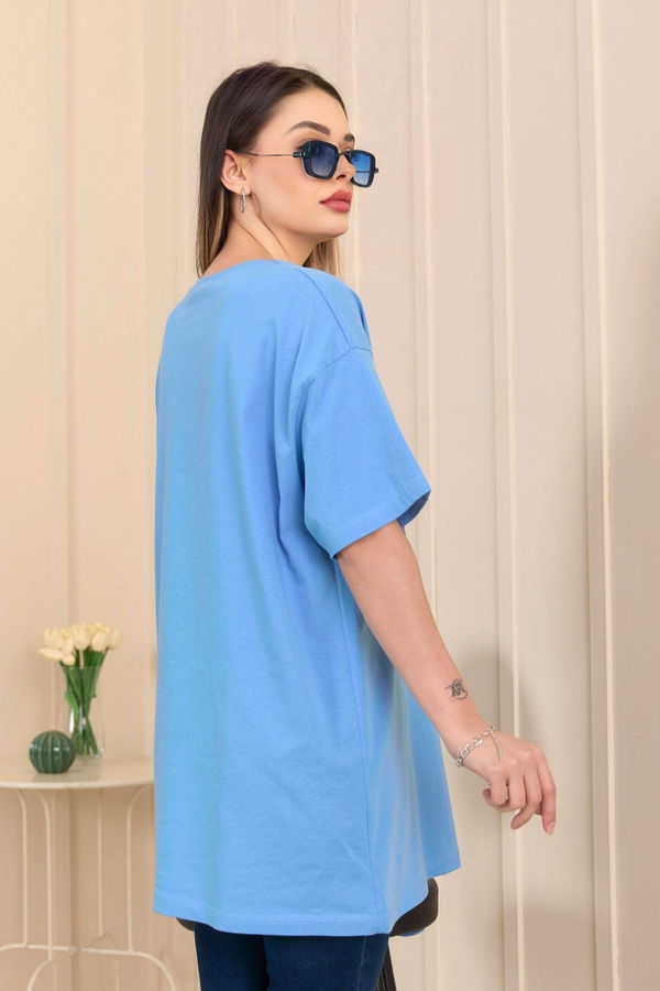 Düz Bisiklet Yaka Kadın Mavi T-Shirt - 22254