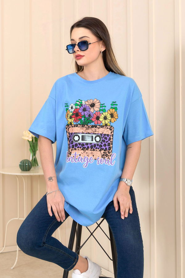 Düz Bisiklet Yaka Kadın Mavi T-Shirt - 22254