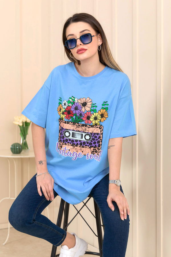 Düz Bisiklet Yaka Kadın Mavi T-Shirt - 22254