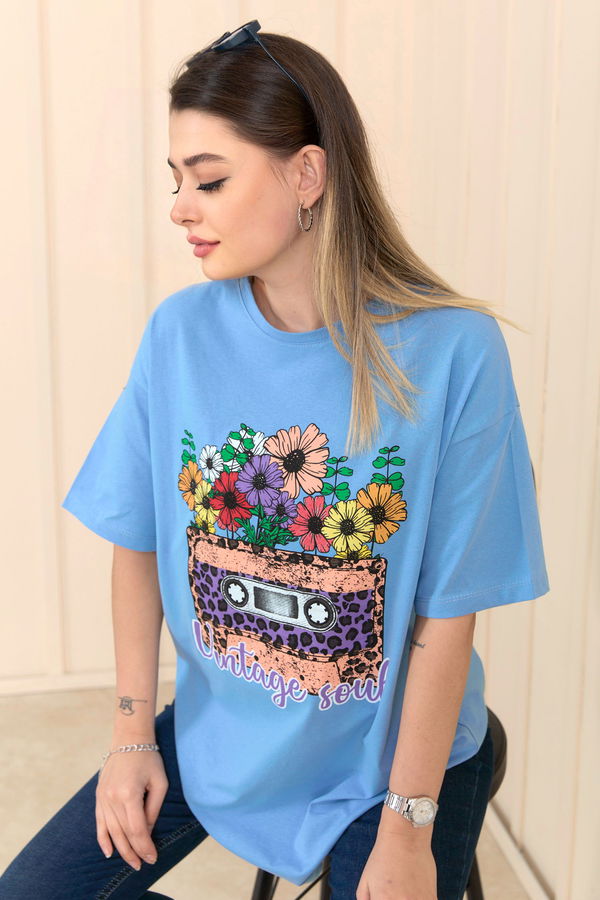Düz Bisiklet Yaka Kadın Mavi T-Shirt - 22254