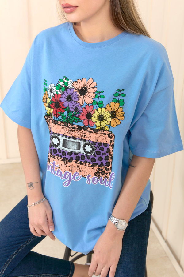 Düz Bisiklet Yaka Kadın Mavi T-Shirt - 22254