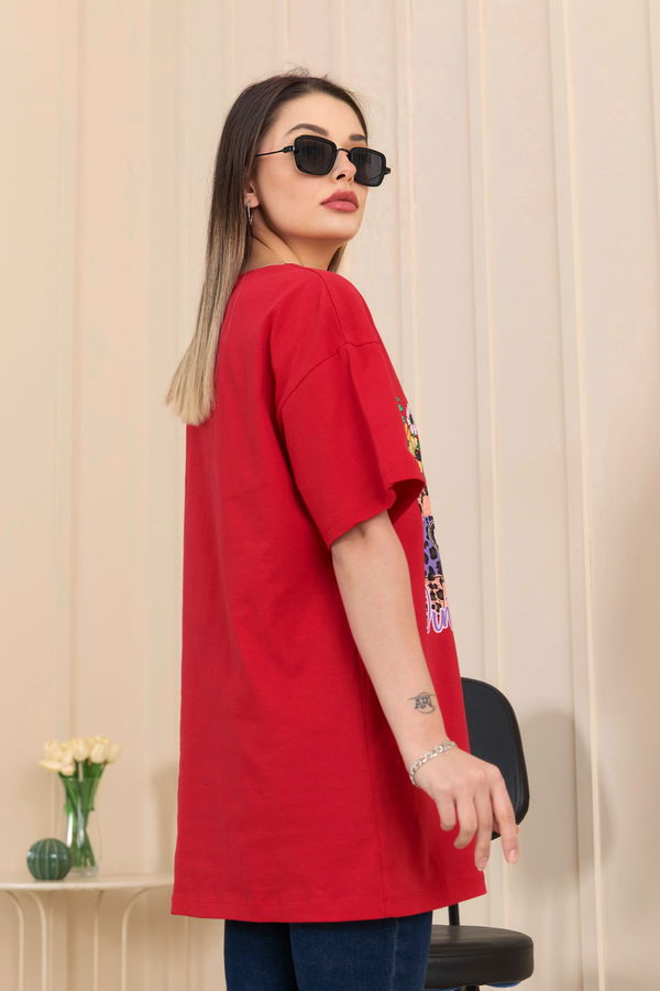 Düz Bisiklet Yaka Kadın Kırmızı T-Shirt - 22254