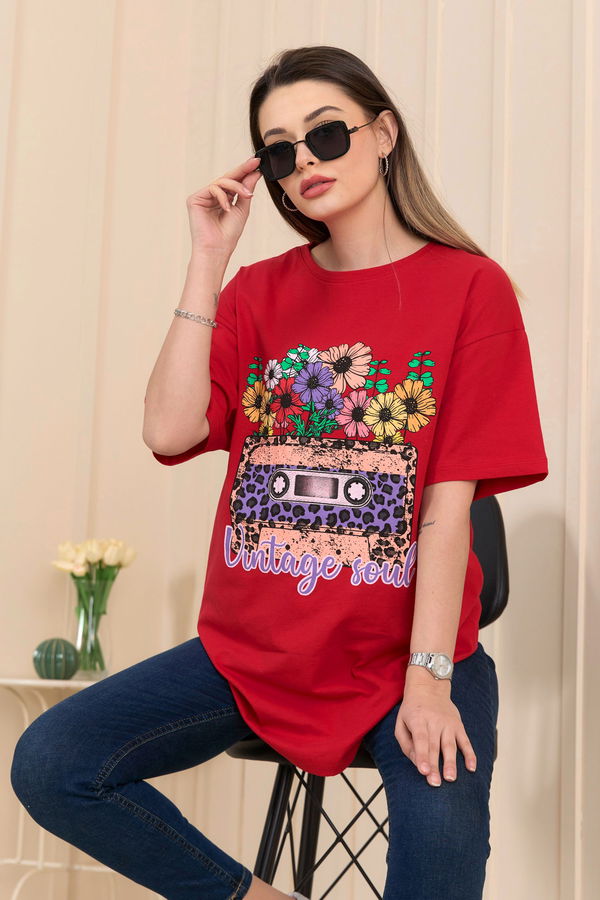 Düz Bisiklet Yaka Kadın Kırmızı T-Shirt - 22254