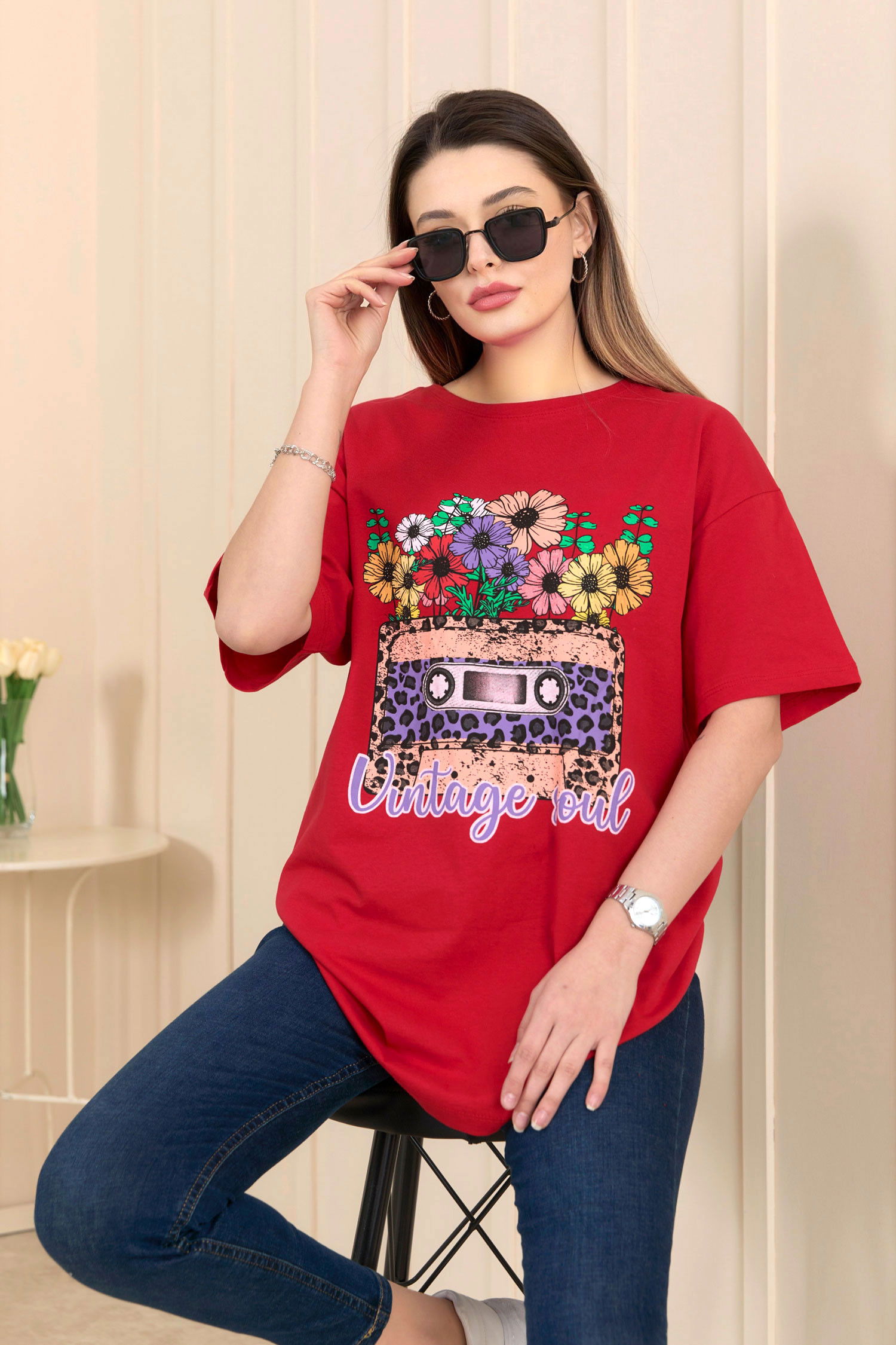 Düz Bisiklet Yaka Kadın Kırmızı T-Shirt - 22254