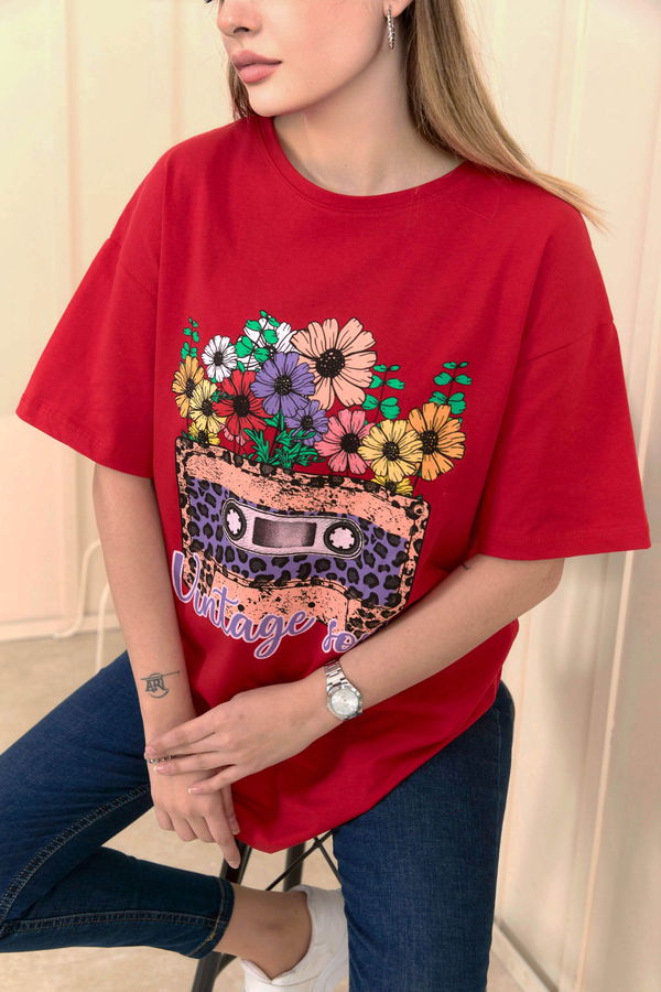 Düz Bisiklet Yaka Kadın Kırmızı T-Shirt - 22254
