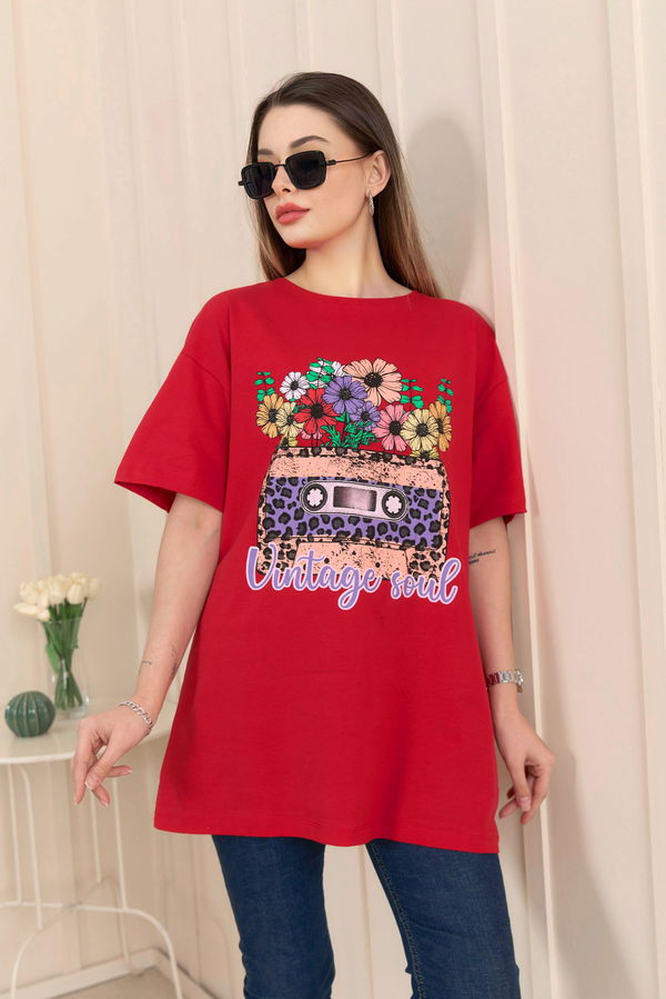 Düz Bisiklet Yaka Kadın Kırmızı T-Shirt - 22254