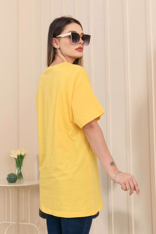 Düz Bisiklet Yaka Kadın Sarı T-Shirt - 22254