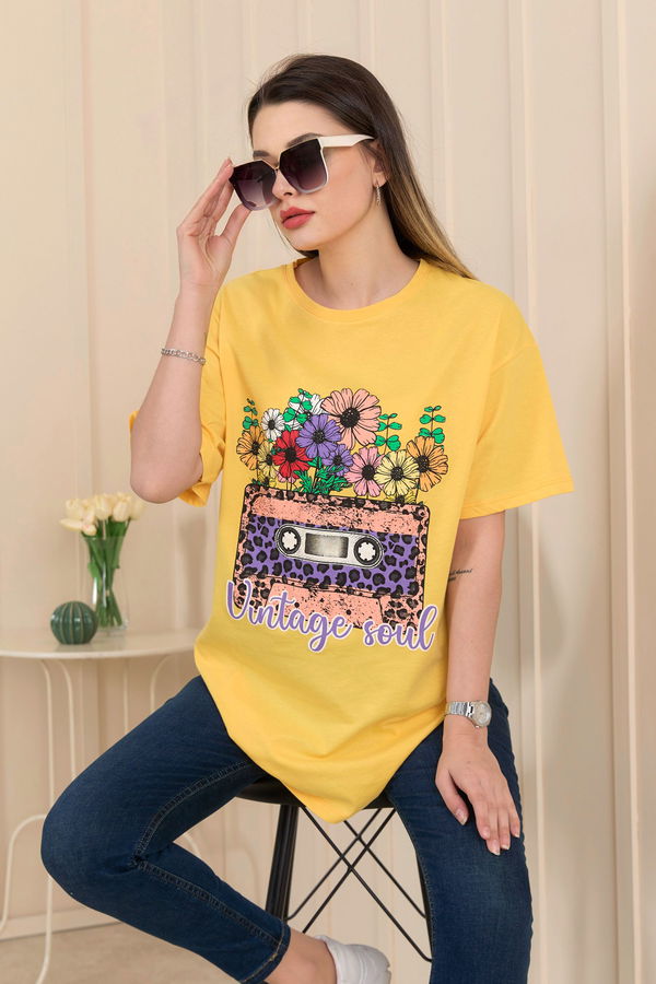 Düz Bisiklet Yaka Kadın Sarı T-Shirt - 22254