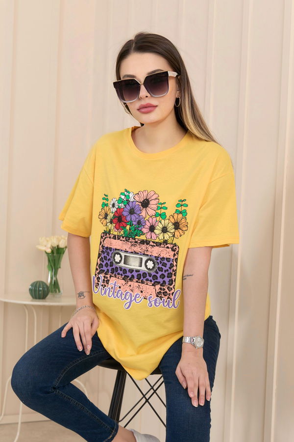 Düz Bisiklet Yaka Kadın Sarı T-Shirt - 22254
