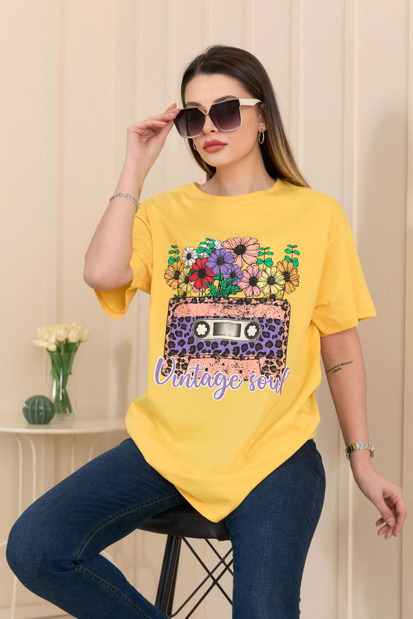 Düz Bisiklet Yaka Kadın Sarı T-Shirt - 22254